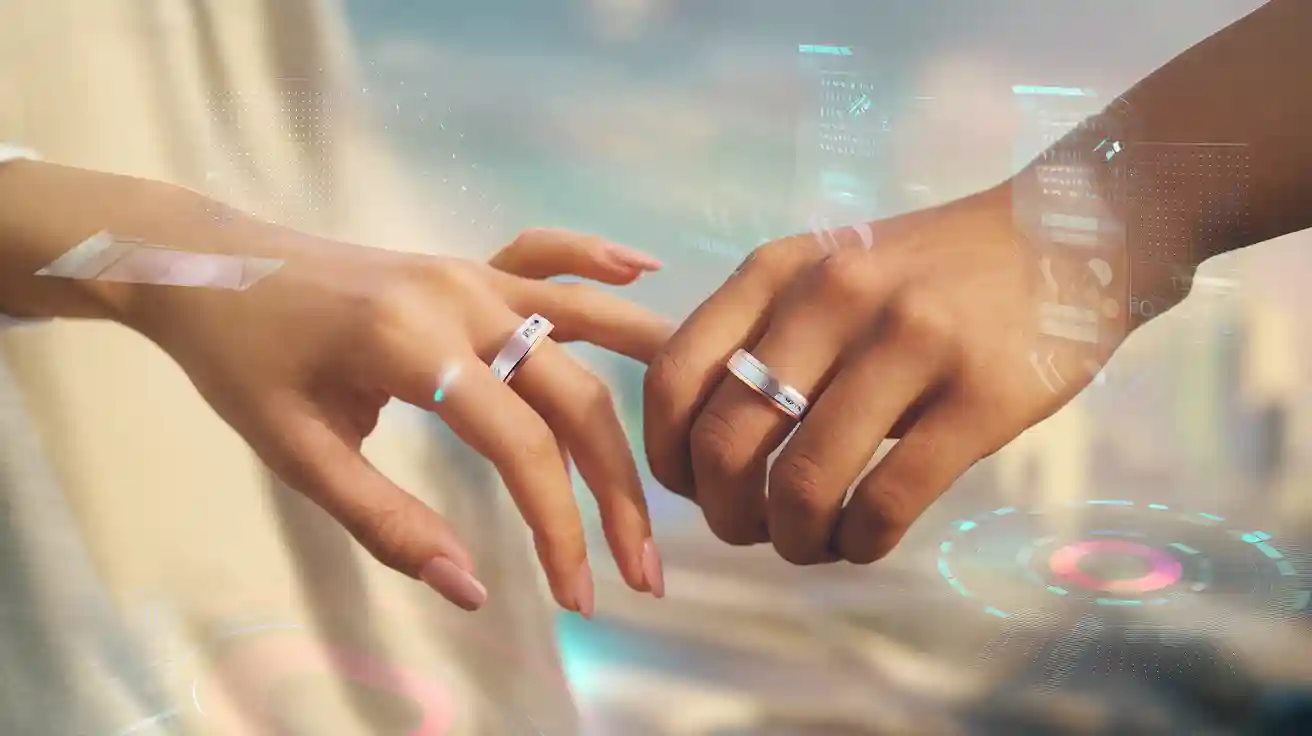 Two hands reaching toward each other wearing Iro rings